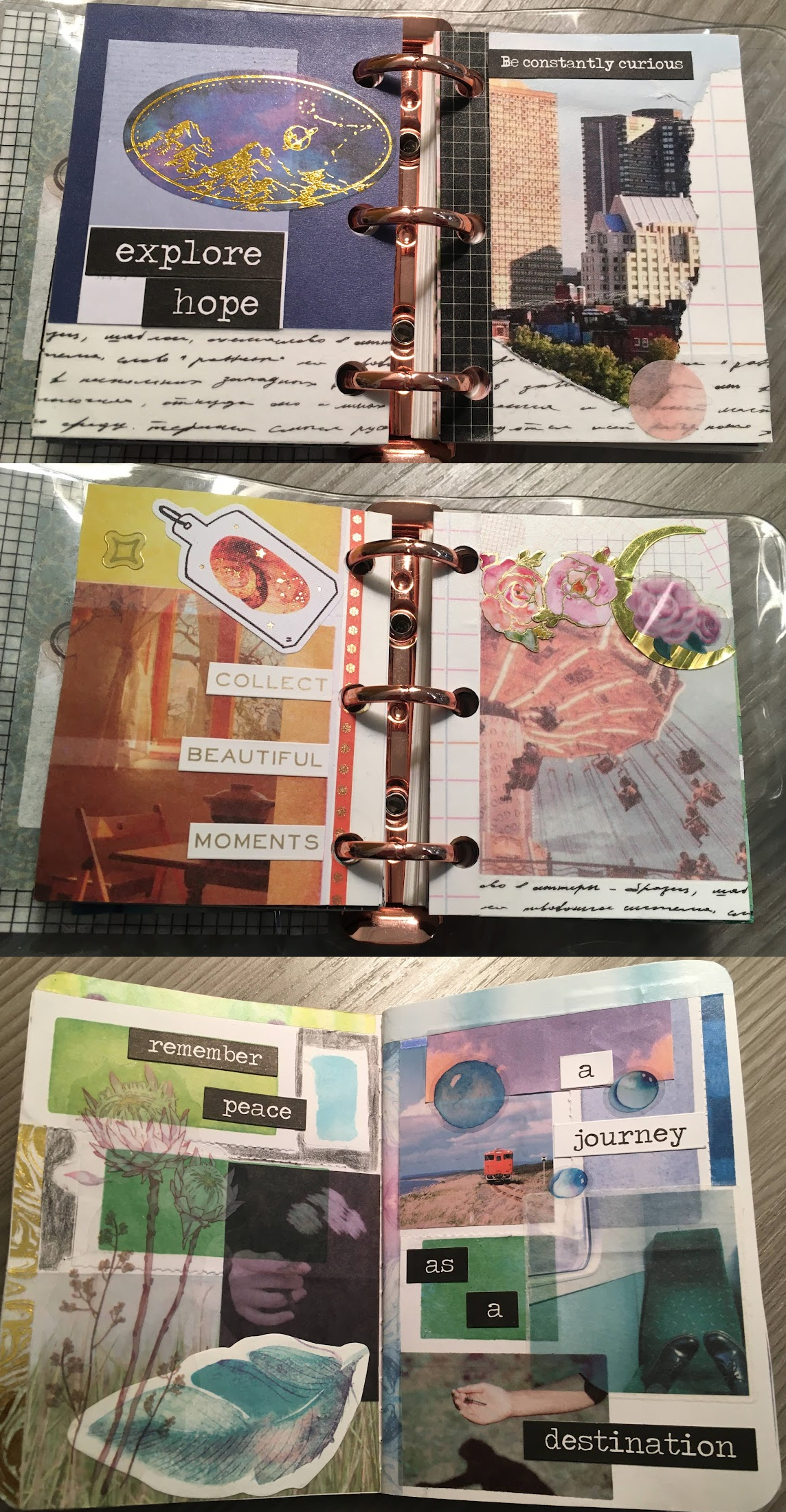 There are various journal spreads. They are fanciful collages. There are four legible phrases "Explore Hope" and "Collect Beautiful Moments" and "remember peace" "a journey" "as a destination"