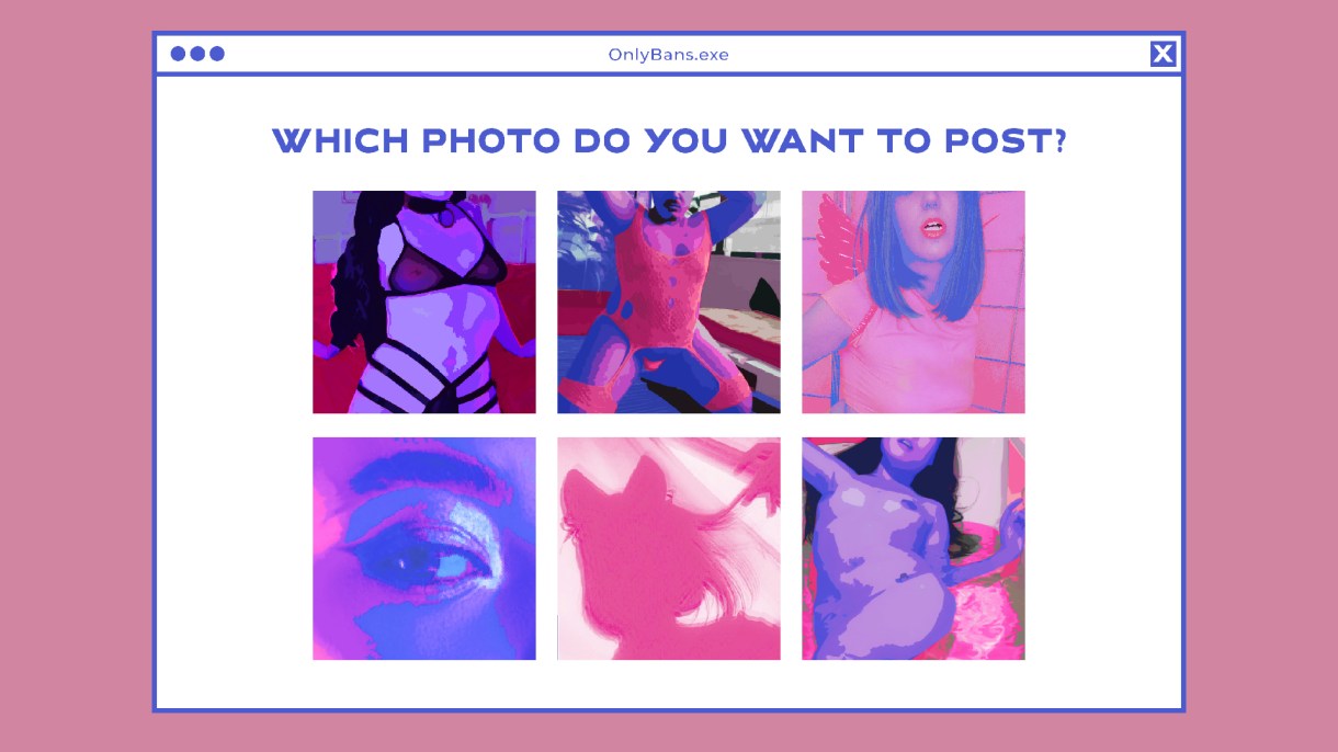 A screenshot of the OnlyBans.exe interface. It shows several stylized sexy selfies ranging from a close-up on an eye to lingerie selfies in lavenders, pinks and blacks. Text asks the player, "Which photo do you want to post?"