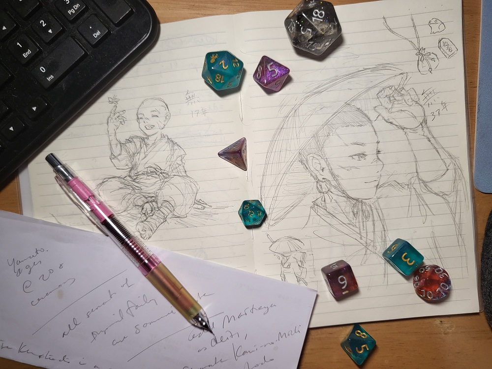 this is a photo of a sketch book with D&D dice scattered across the top. There are drawings of the member's character, Mu done in soft pencil on lined paper. Mu is sitting and playing with a butterfly on the left, and looking out from underneath a canonical hat and smiling with their arm raised in the air.