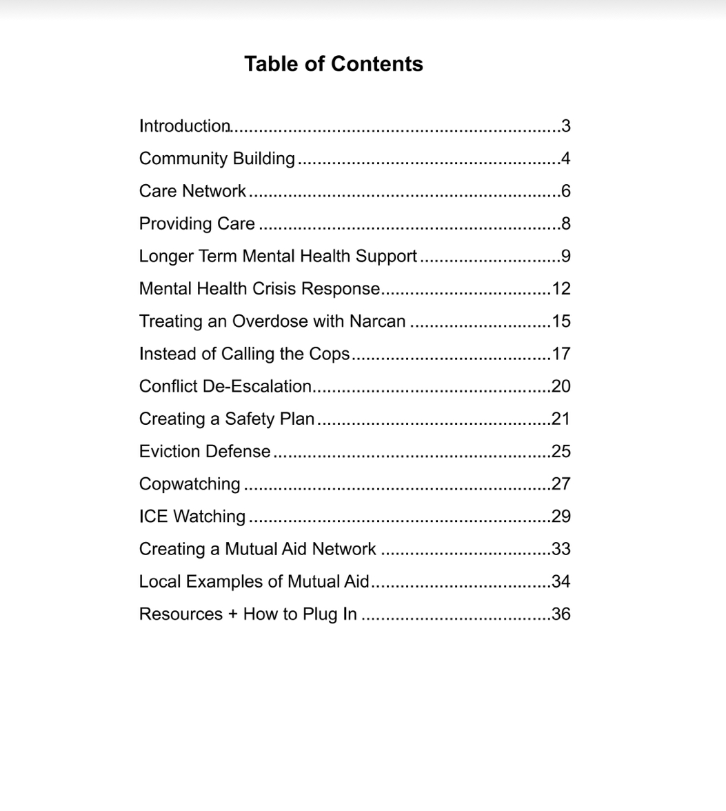 Table of Content for the Zine. It reads:
Introduction
Community Building
Care Network
Providing Care
Longer Term Mental Health Support
Mental Health Crisis Response
Treating an overdose with Narcan
Instead of Calling the Cops
Conflict De-Escalation
Creating a Safety Plan
Eviction Defense
ICE Watching
Creating a Mutual Aid Network
Local Examples of Mutual Aid
Resources + How to Plug In