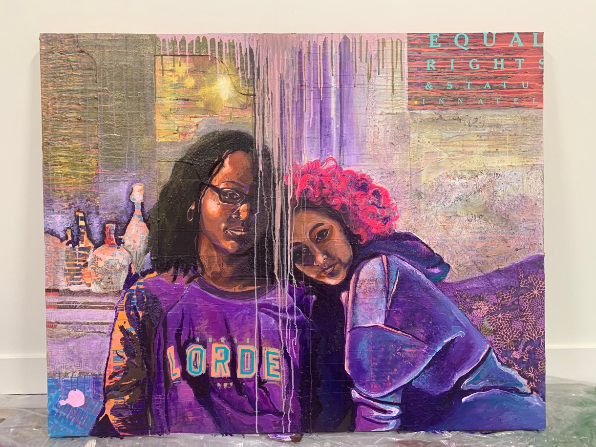 This is a really cool painting! It shows two figures in the center, the one on the left with medium brown skin and shoulder length black hair and glasses the one on the right with light brown skin and pink curly hair. They're both wearing purple sweatshirts, the one the left's sweatshirt reads "LORDE". In the background are purple paint splatters, bottles, purple hills, and some texts that reads, "Equal Rights" and some additional words that are indistinguishable.