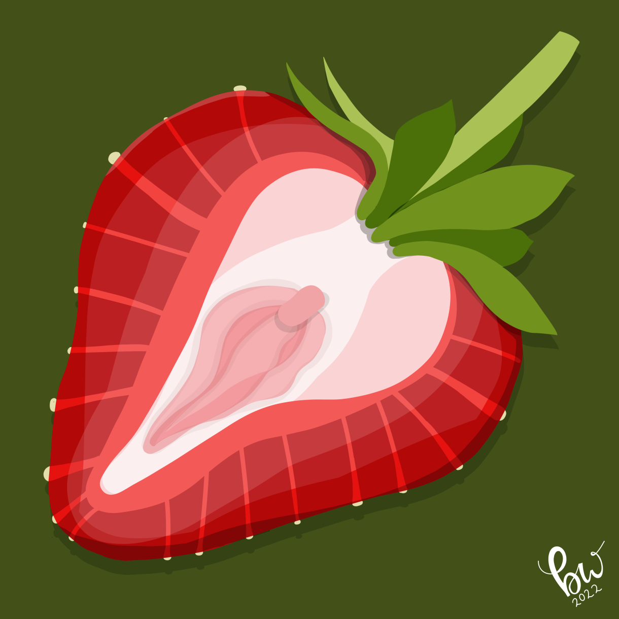 An illustration of a sliced strawberry where the interior is vulva-like.