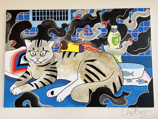 A painting of a wide-eyed tabby cat. Resting on its back is a small human, leaning on their side, wearing a tee and panties and drinking a beverage out of which is emerging a large plume of smoke. There is a lot of smoke generally, and tile and a grate behind the cat. There is also a bottle of milk tea in the background.