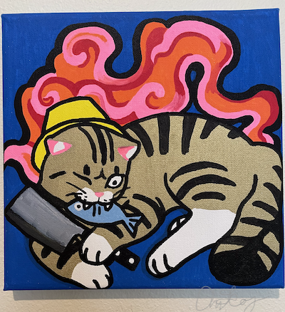 A painting of a tabby cat making a squinty-eyed face and chomping on a fish. The cat is also holding a cleaver knife! There is a firey background.