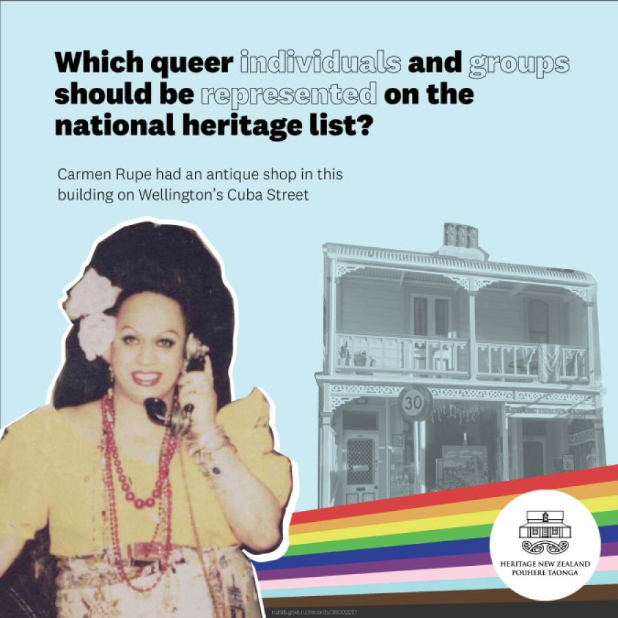 A poster for the Rainbow List Project. It has the logo for Heritage New Zealand Pouhere Taonga on it. Text reads: "Which queer individuals and groups should be represented on the national heritage list?" There is a photo of drag queen Carmen Rupe on an old telephone. There is also text that reads "Carmen Rupe had an antique shop in this building on Wellington's Cuba Street"