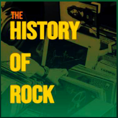 An image of the illustration for the podcast for The History of Rock. It shows hands going through stacks of records presumably at a record store.