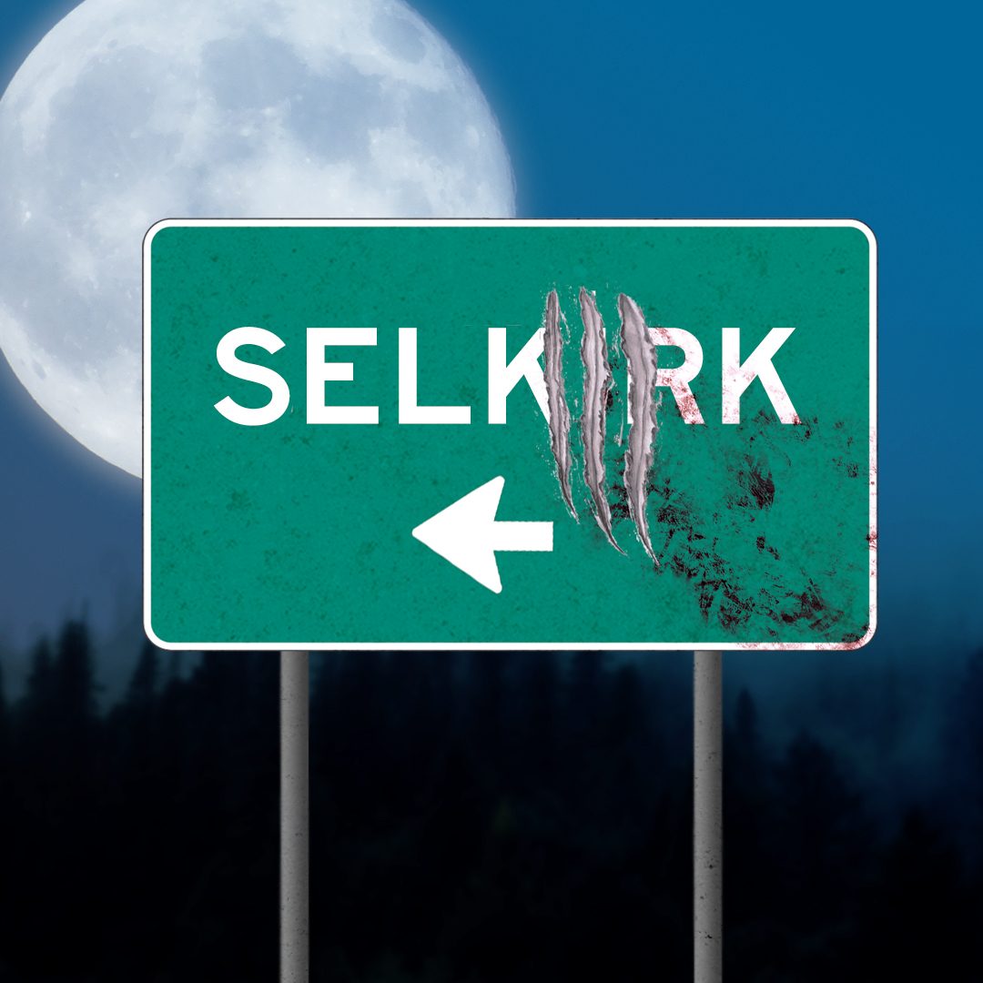 An image for the podcast, Selkirk, which shows a road sign against a moonlit dark sky. The text says Selkirk and there are three deep scratches in the sign and what looks like blood on it.