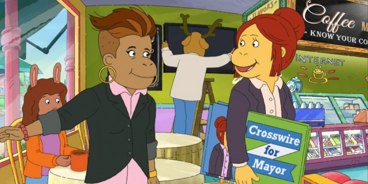 Francine with her undercut haircut, rolled up sleeves and gold hoops talks to Muffy