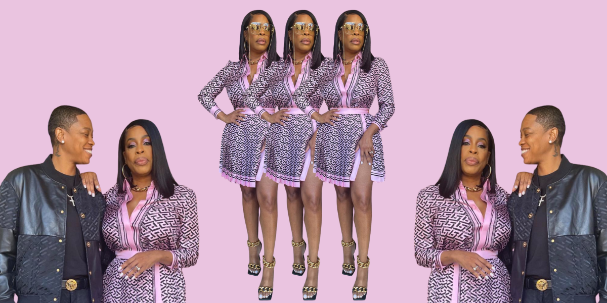 Jessica Betts wears a black leather jacket while smiling at Niecy Nash, who is wearing a black and pink short dress with a slit and big sunglasses