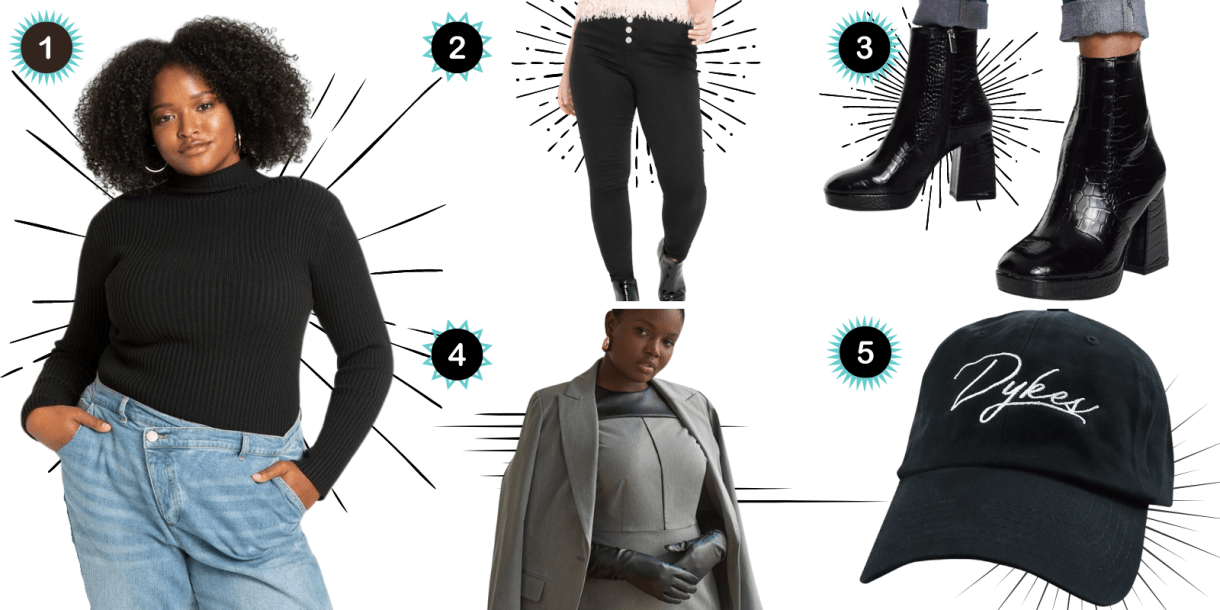 Photo 1: A Black woman wears a black ribbed turtleneck. Photo 2: A pair of black jeans. Photo 2: A pair of black leather boots with heels. Photo 3: A Black woman wears a cape and black leather gloves. Photo 4: A black baseball cap that says Dykes in white script