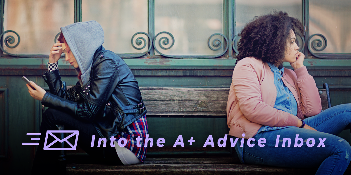 two women sit on opposite ends of a bench, facing away from each other, in conflict. One of them has dyed red hair, is wearing a leather jacket and hoodie and is white. The other has curly natural hair, is wearing a denim shirt and pants and a faded salmon colored jacket. She is Black / mixed race.