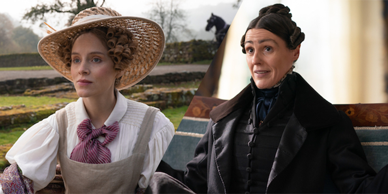 Left: Anne Walker paints in an open fireld wearing a straw sun hat. Right: Ann Lister sits on the couch in her trademark black suit while holding her arms out.