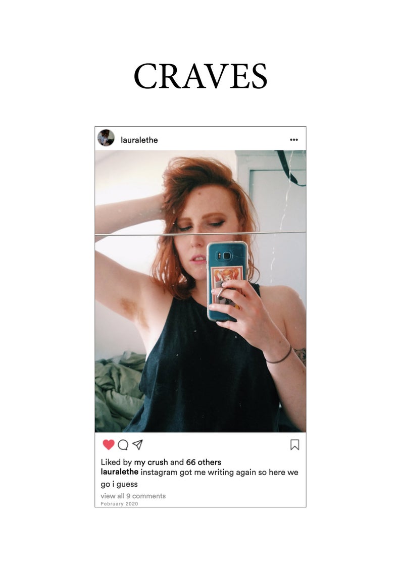 A zine cover with a selfie by Laura on the cover. The title of the Zine is craves. Laura is a white person with red hair, wearing a tank top and putting their arm to their head.