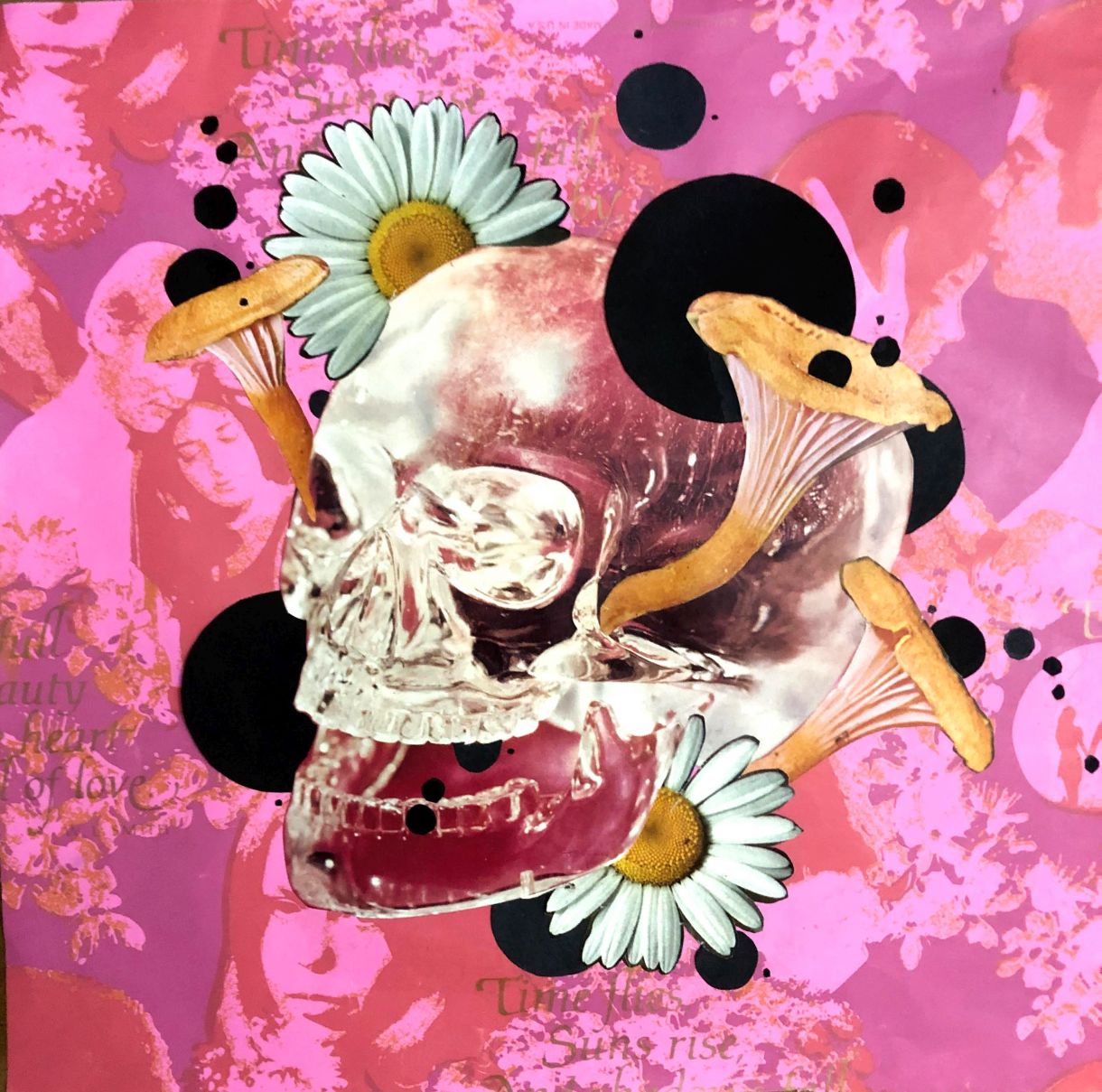 There is a psychedelic pink background to this collage artwork. On top of the background floats a crystal skull. Mushrooms and daisies emerge from the skull, as do black spots.