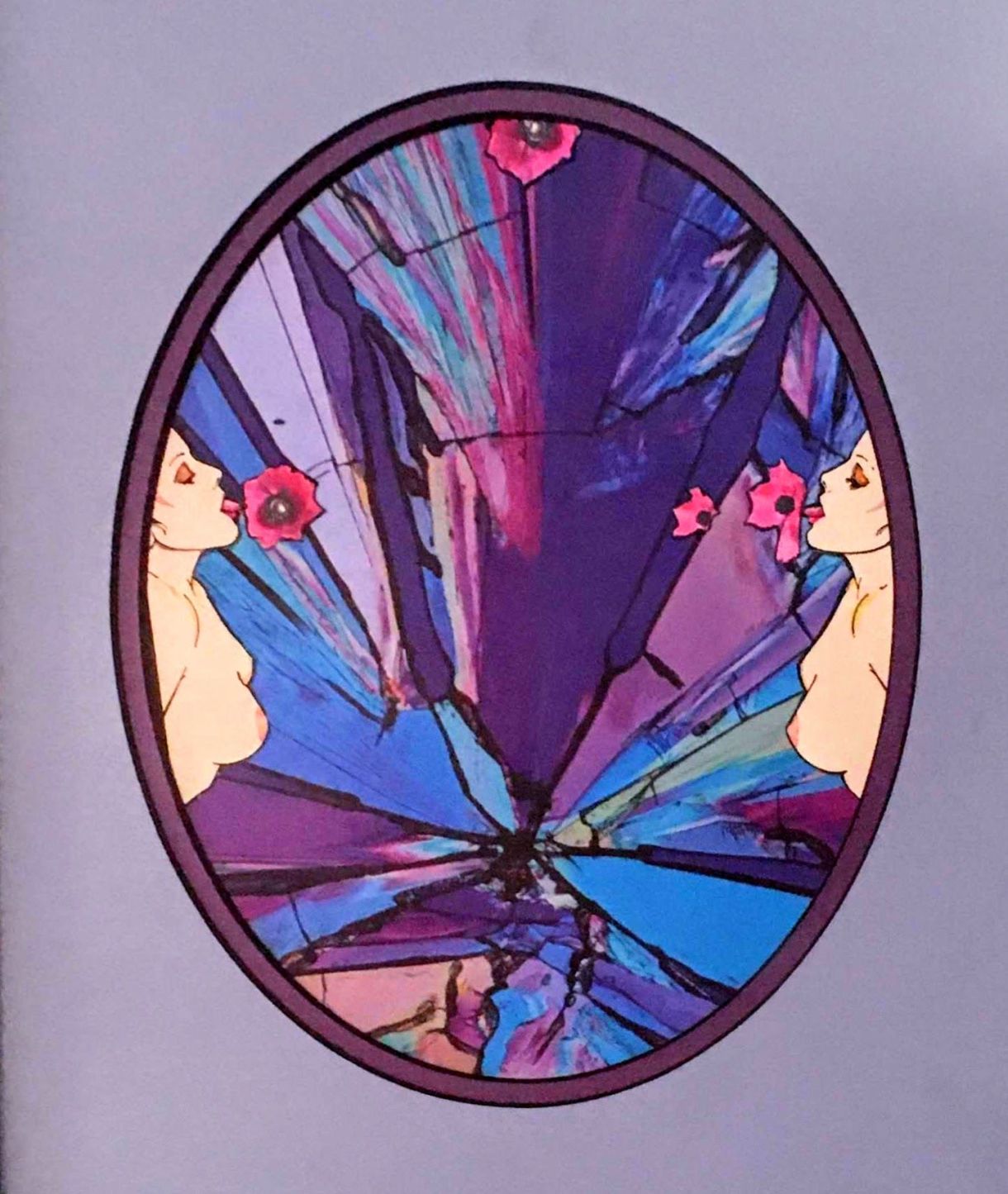 This is a collage. There is an oval background with a stained glass-esque interior.  There are two nude illustrations of the upper bodies and heads of white women with their tongues sticking out. Images of flowers are placed near their tongues.