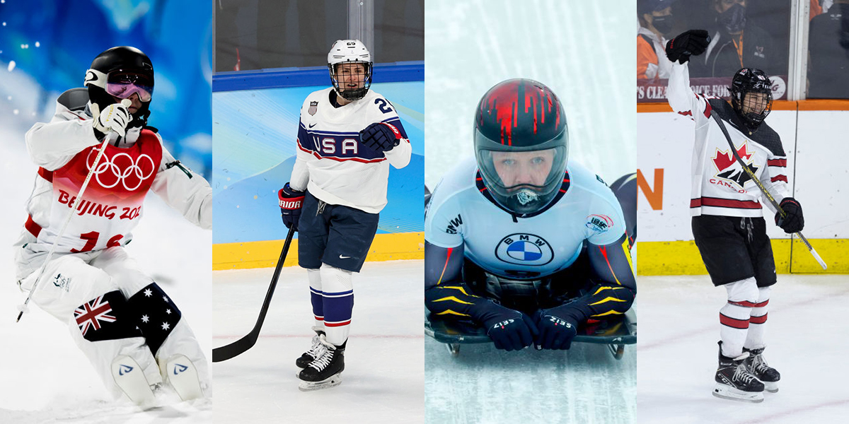 Photo 1: Makayla Gerken Schofield of Great Britain in action competes at Freestyle Skiing Moguls. Photo 2: Alex Carpenter of Team USA celebrates her hockey goal. Photo 3: Belgium's Kim Meylemans reacts as she finishes the fourth run of the women's skeleton competition of the IBSF Skeleton World Championship. Photo 4: Emily Clark #26 of Canada reacts after scoring a goal against the the United States. 