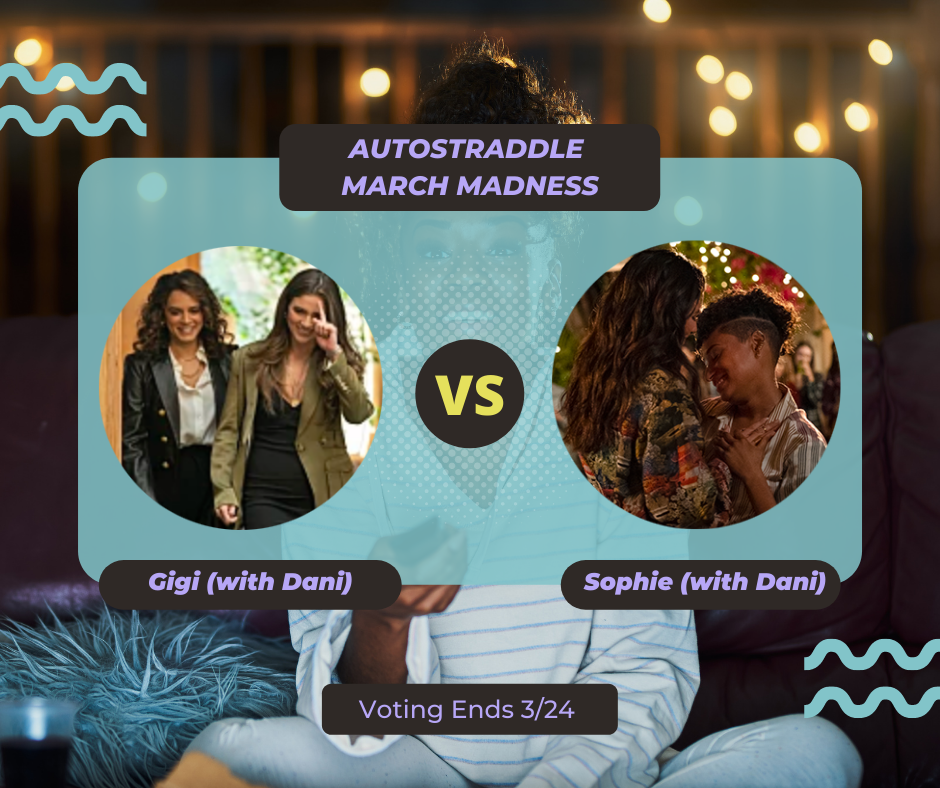 background: a young Black woman watching TV with a remote in her hand. foreground text: autostraddle march madness // dani (with gigi) vs. dani (with sophie) on a teal background with purple font