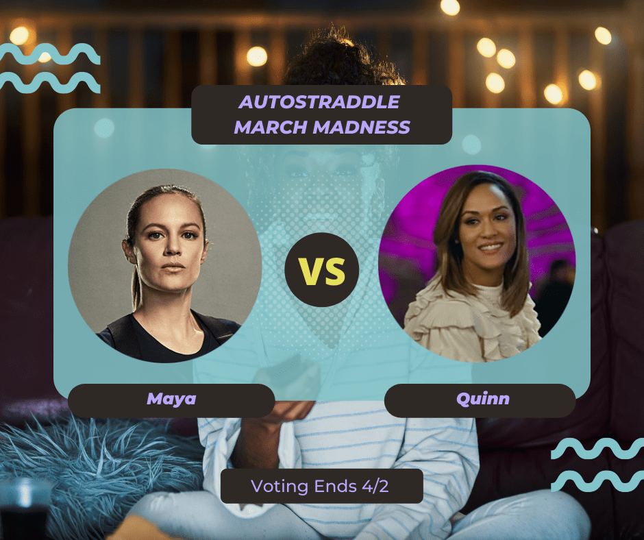 Background: a young Black woman smiling and watching TV with a remote in her hand, teal squiggles are illustrated on the sides of the photo. Foreground text in purple against a dark gray and teal background: Autostraddle March Madness / Maya vs. Quinn. Voting ends 4/2.