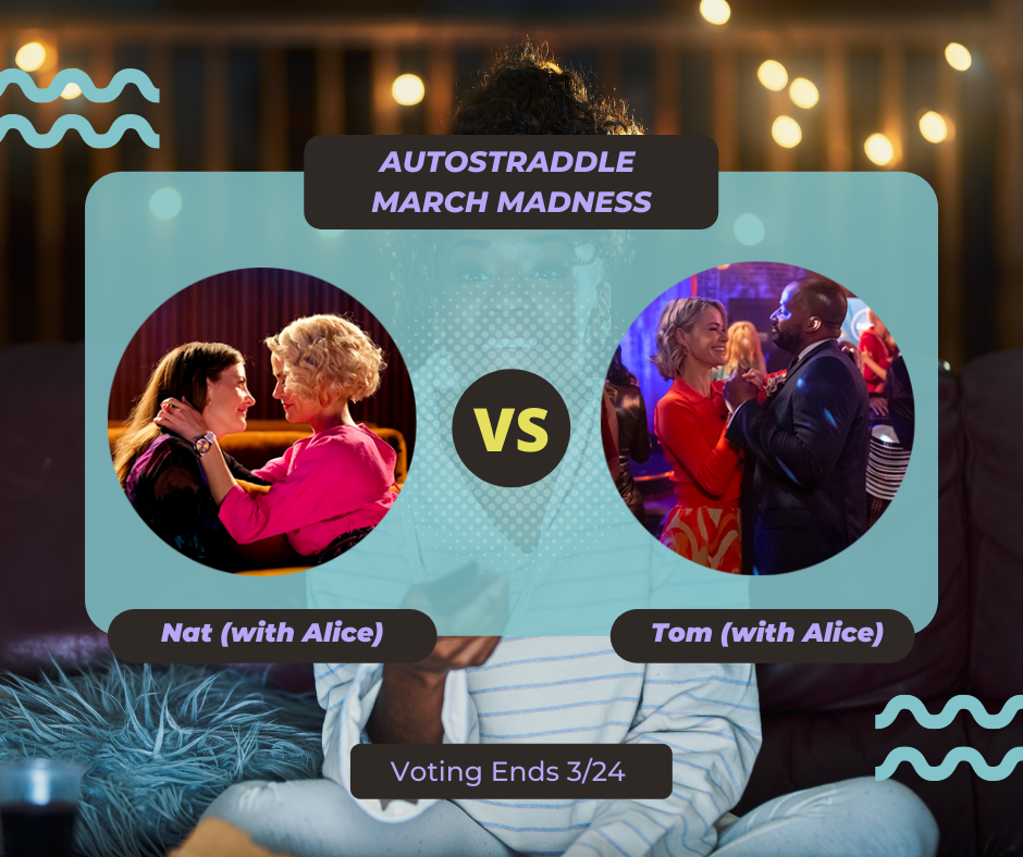 background: a young Black woman watching TV with a remote in her hand. foreground: autostraddle march madness // Alice (with Nat) vs. Alice (with Nat) on a teal background with purple font