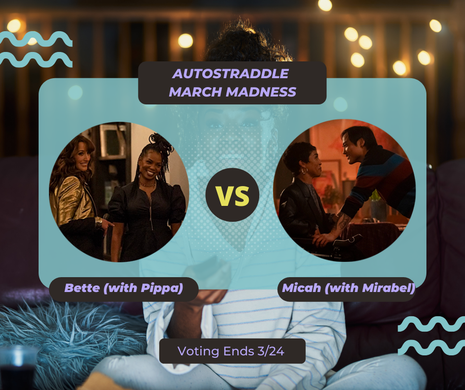 background: a young Black woman watching TV with a remote in her hand. foreground: autostraddle march madness // Pippa (with Bette) vs. Mirabel (with Micah) on a teal background with purple font