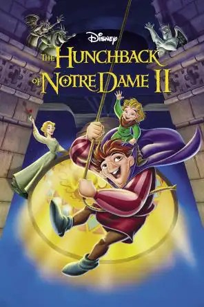 Quasimodo swings from a rope with a little blonde girl on his back and a white blonde woman in the background. Gargoyles look over all. The cover for the Hunchback of Notre Dame II.