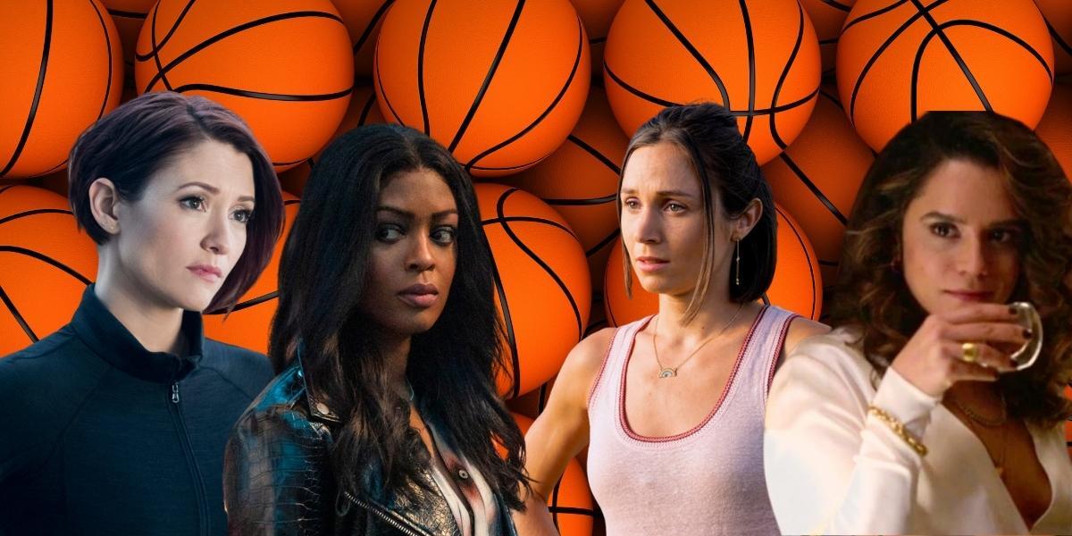 TV characters Alex Danvers, Ryan Wilder, Waverly Earp, and Gigi Ghorbani are cut out in front of a background of basketballs.