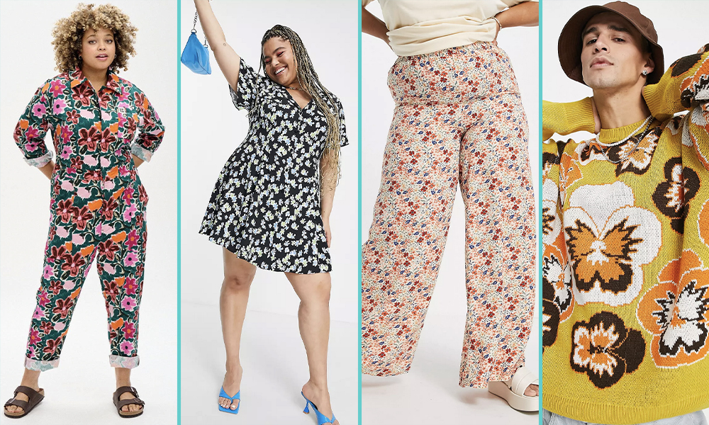 Photo 1: A floral jumpsuit. Photo 2: A black and white floral printed babydoll dress. Photo 3: A pair of floral print wide leg pants. Photo 4: A yellow sweater with white and orange pansies on it