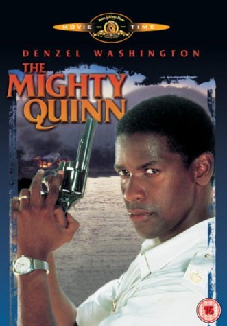 A young Denzel Washington poses while holding a gun and wearing a white polo shirt on the cover of The Mighty Quinn.