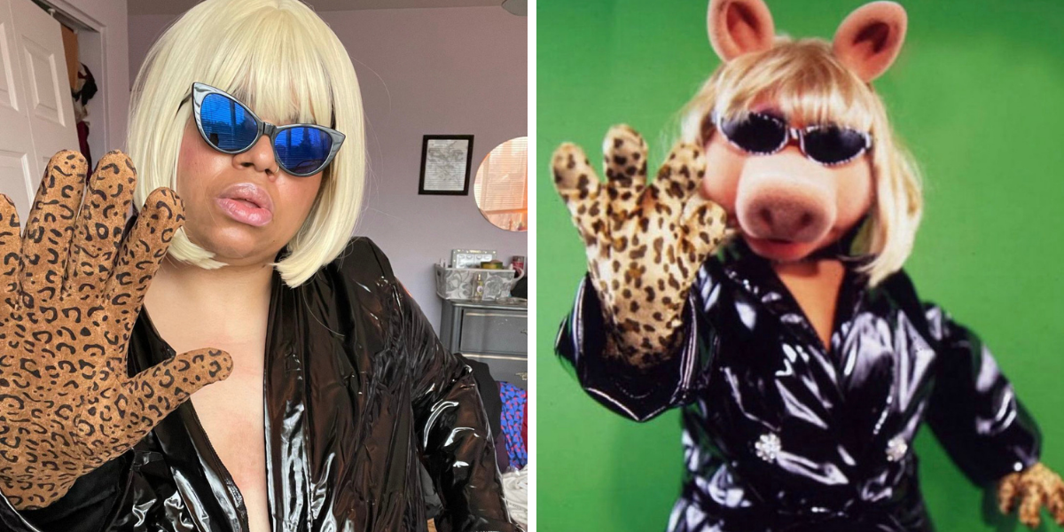 Photo 1: Autostraddle writer Dani Janae wears a blonde bob wig and a cheetah print glove and cat eye sunglasses. Photo 2: Miss Piggy wears cheetah print gloves and cat eye sunglasses