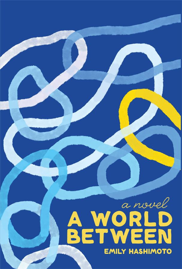 The cover of A World Between. It features an abstract doodle of a bunch of lines in blue and yellow.