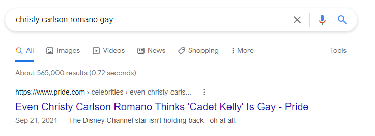 A Google search of "christy carlson romano gay" yields the result: Even Christy Carlson Romano Thinks 'Cadet Kelly' Is Gay