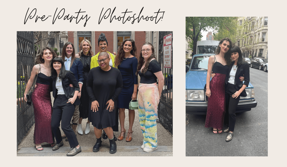 Group Photo of the Autostraddle group and a photo of Drew & Elise in front of a Volvo