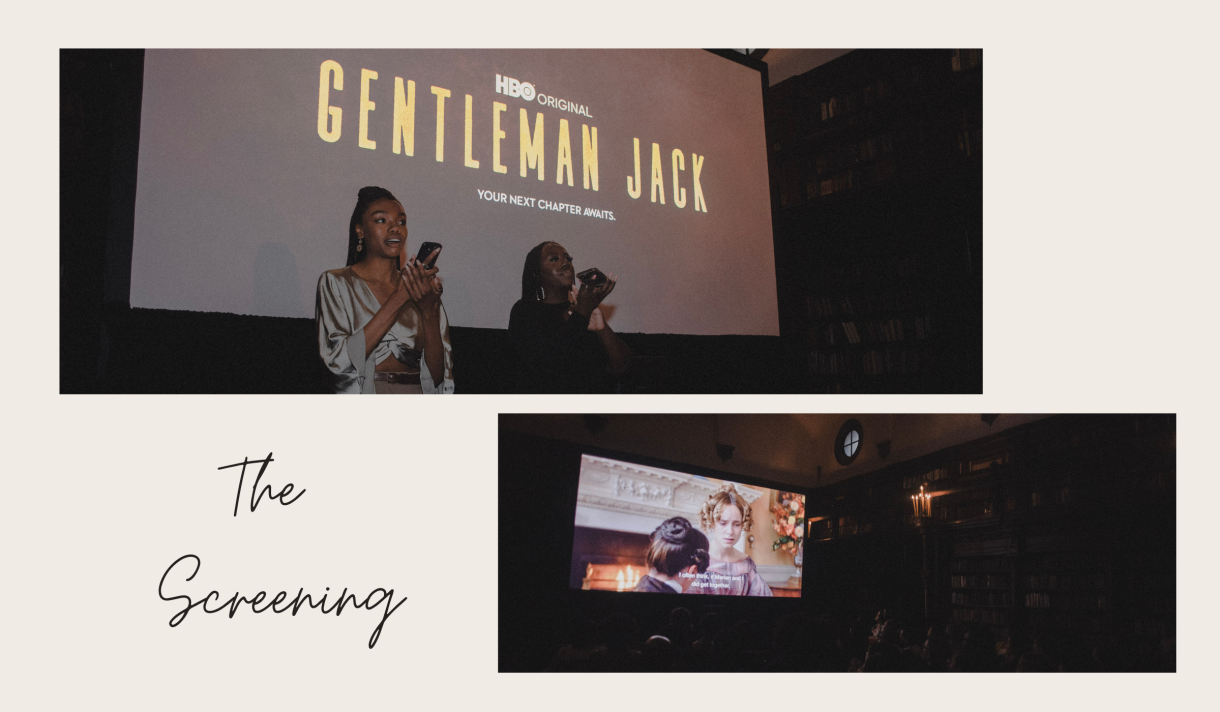 Two pictures: one of the HBO team introducing the screening in front of a "Gentleman Jack" logo projected on a screen & Ann Walker on the screen in the first episode of Gentleman Jack