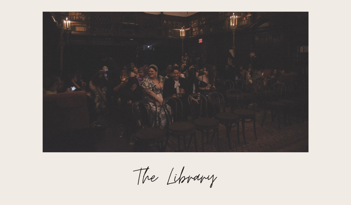 Everybody sitting in an austere library