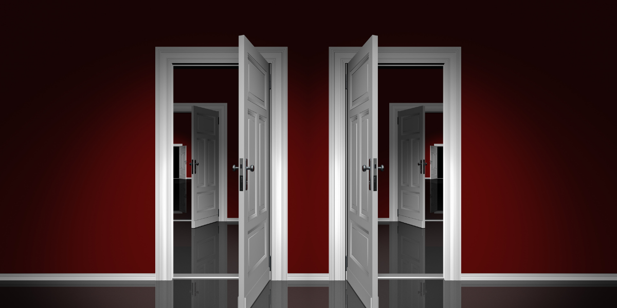 A mirror image of two open doors, and behind them each an open door, and behind each of those open doors, another. The effect of the image is relatively sinister.