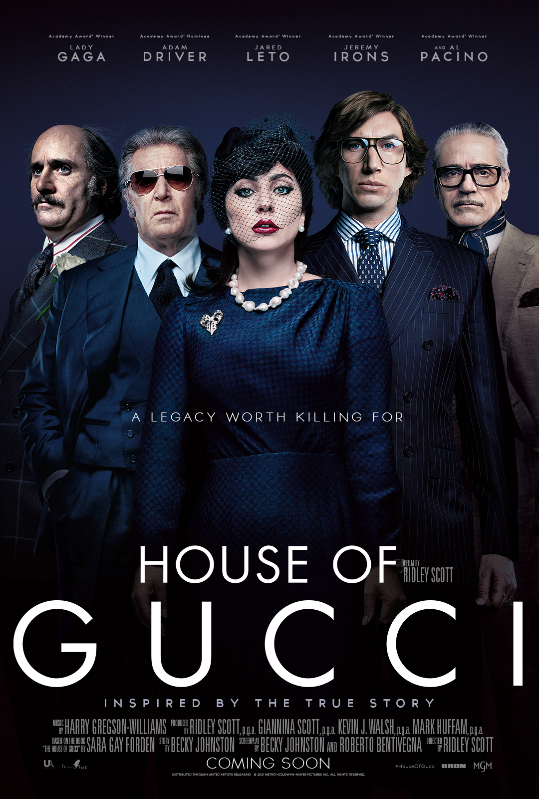The cover for the House of Guccie movie, with Lady Gaga prominently featured in the center in front of some men.