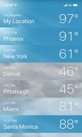The weather app displaying the temperatures in Los Angeles, Phoenix, New York, Detroit, Pittsburgh, Miami, Santa Monica