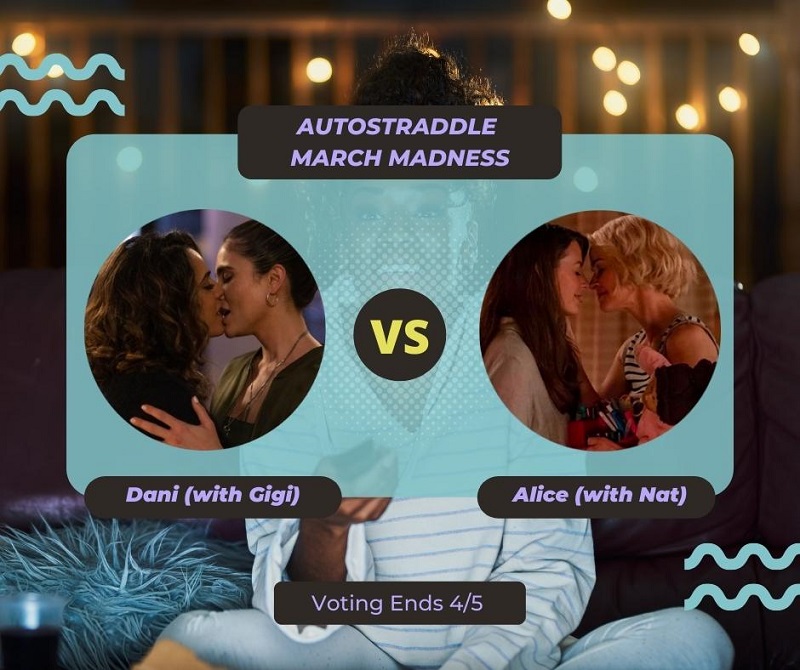 Background: a young Black woman smiling and watching TV with a remote in her hand, teal squiggles are illustrated on the sides of the photo. Foreground text in purple against a dark gray and teal background: Autostraddle March Madness / Dani (with Gigi) vs. Alice (with Nat). Voting ends 4/5.