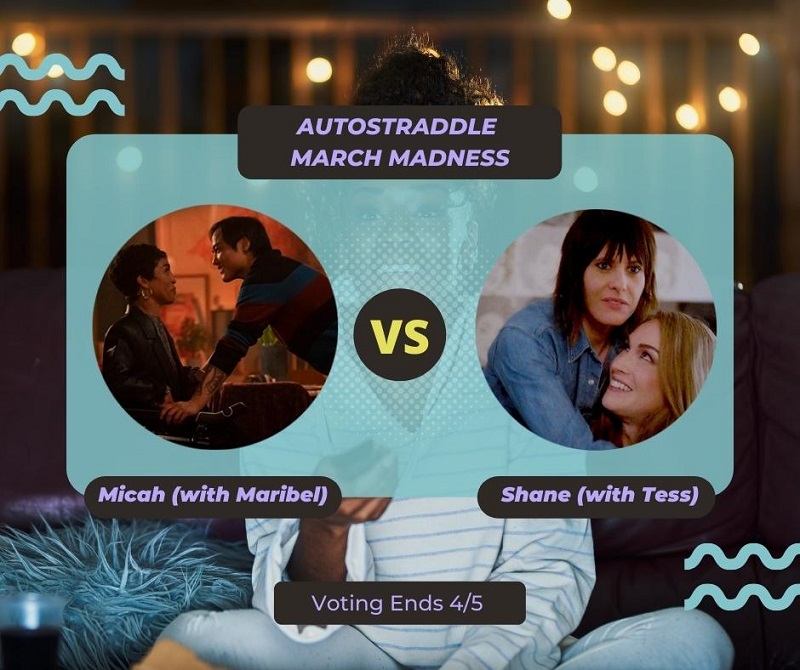 Background: a young Black woman smiling and watching TV with a remote in her hand, teal squiggles are illustrated on the sides of the photo. Foreground text in purple against a dark gray and teal background: Autostraddle March Madness / Micah Lee (with Maribel) vs. Shane McCutcheon (with Tess). Voting ends 4/5.