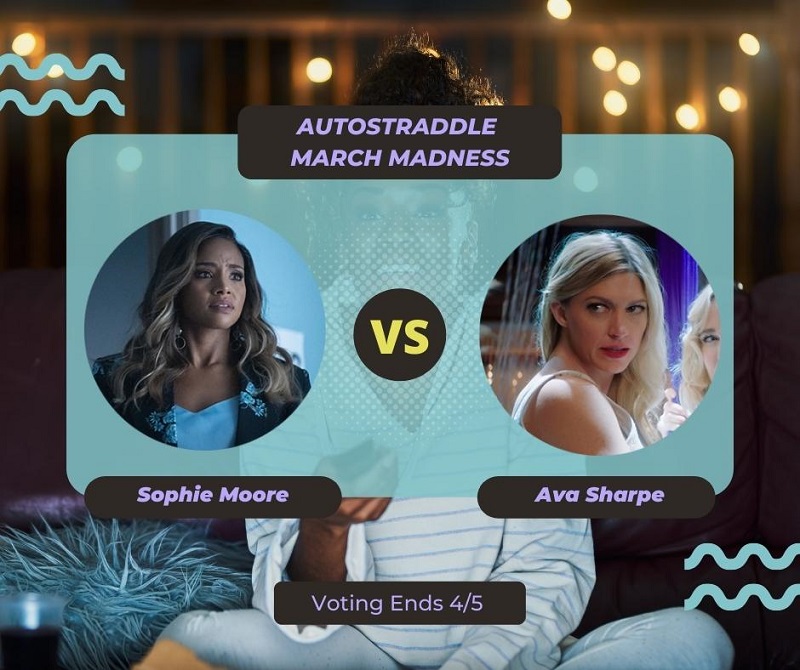 Background: a young Black woman smiling and watching TV with a remote in her hand, teal squiggles are illustrated on the sides of the photo. Foreground text in purple against a dark gray and teal background: Autostraddle March Madness / Sophie Moore vs. Ava Sharpe. Voting ends 4/5.