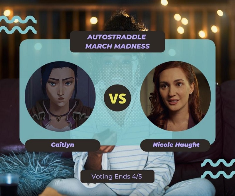 Background: a young Black woman smiling and watching TV with a remote in her hand, teal squiggles are illustrated on the sides of the photo. Foreground text in purple against a dark gray and teal background: Autostraddle March Madness / Caitlyn vs. Nicole Haught. Voting ends 4/5.