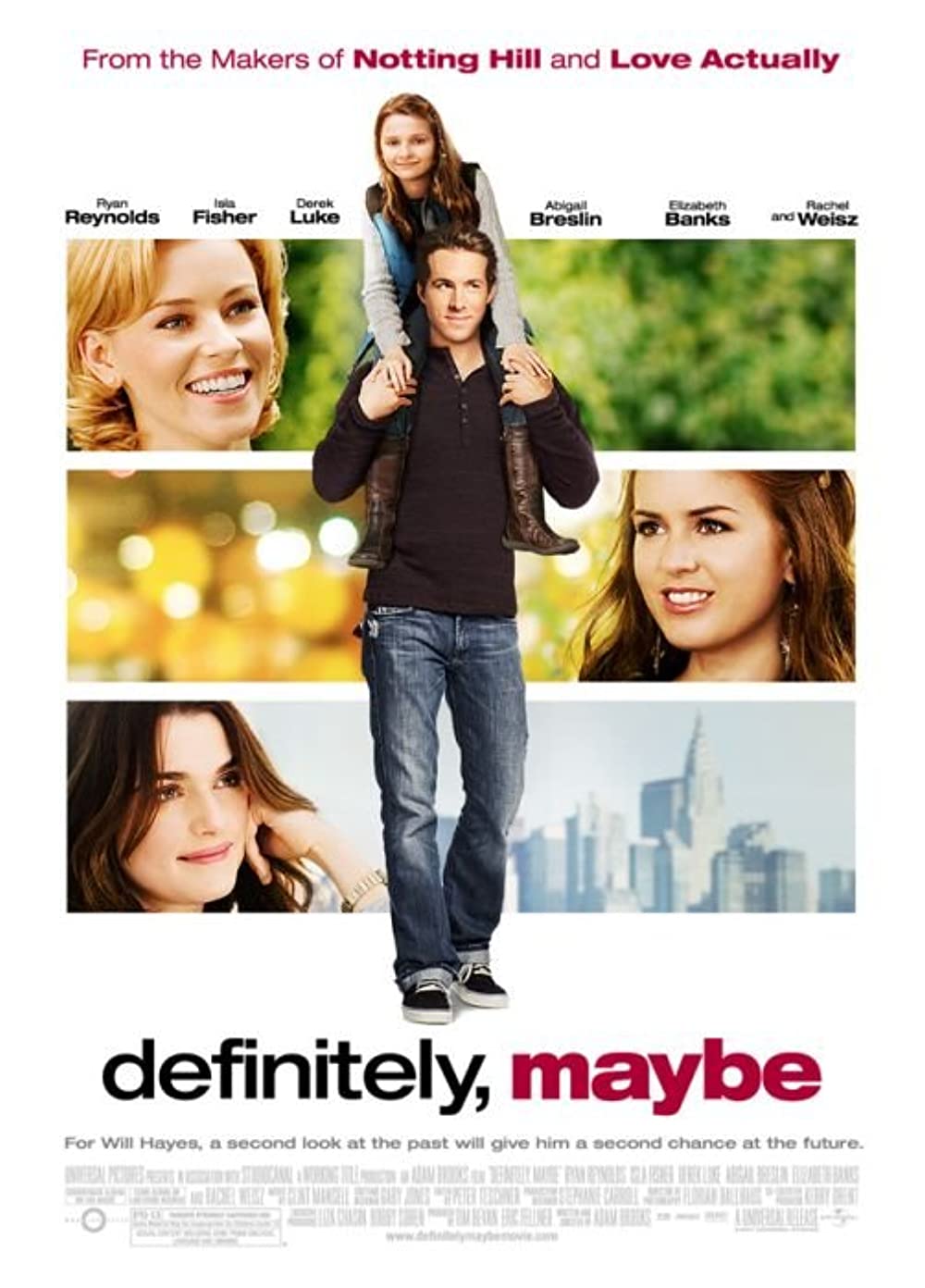 the cover of definitely, maybe with three white women in the background and a white woman riding on a white man's shoulders