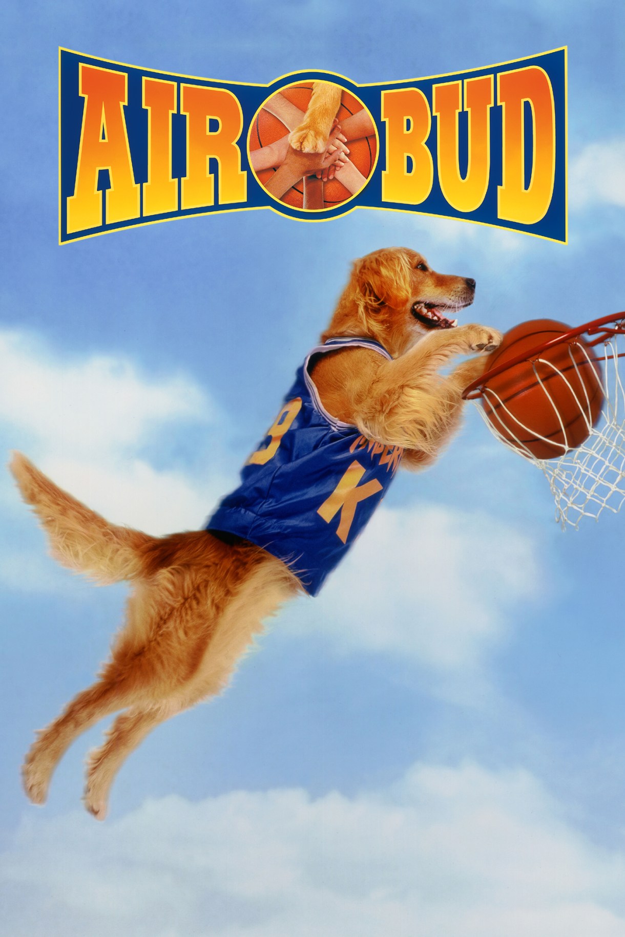 The cover of Air Bud with an adorable Golden Retriever slam dunking a basketball