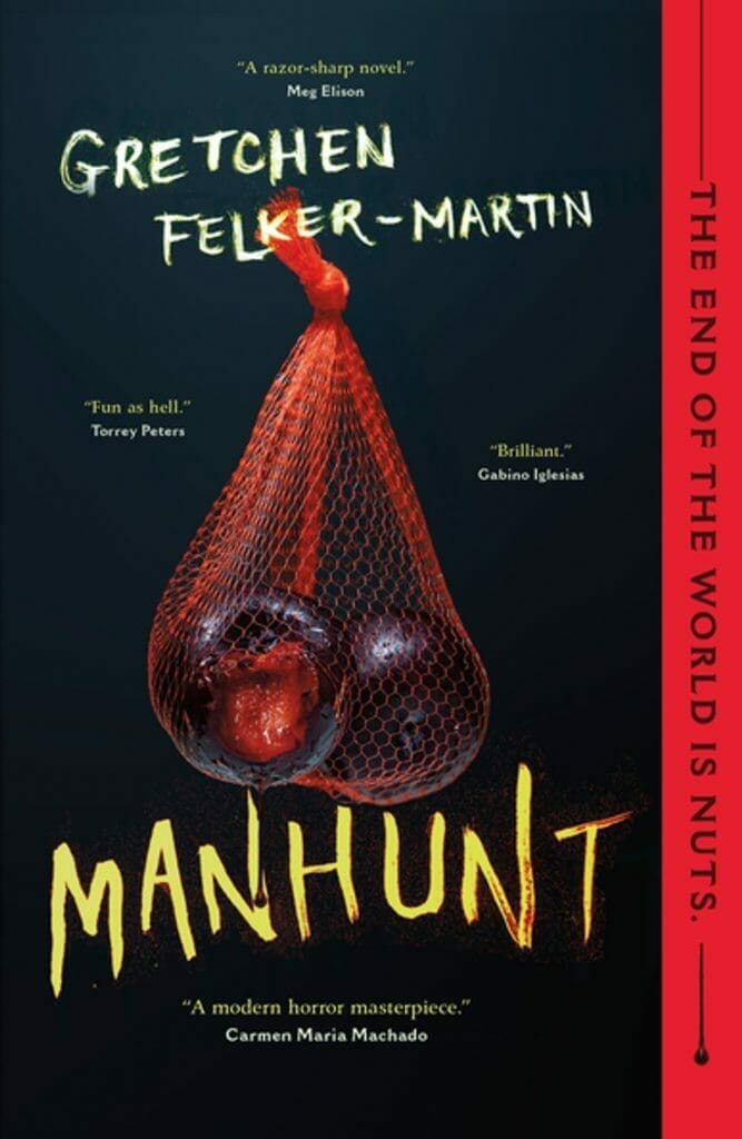 The cover of Manhunt has two dark plums in a red netted fruit sack with a bite out of one of them.