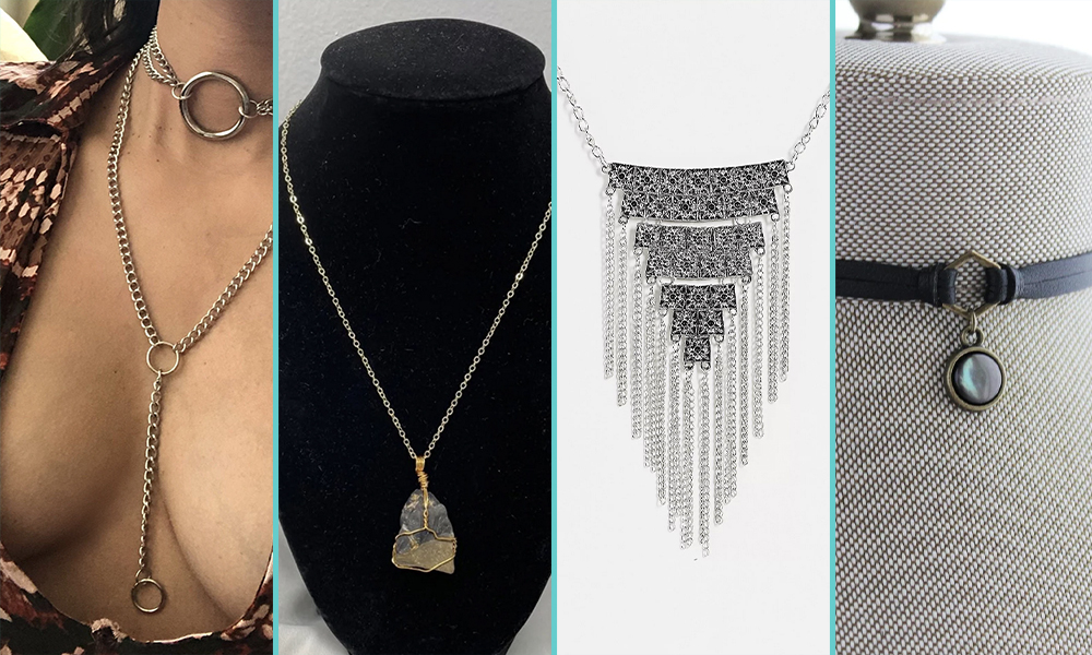 Photo 1: A layered O-ring chain choker necklace. Photo 2: A necklace with a raw crystal as the pendant. Photo 3: A dangling silver chain necklace. Photo 4: An iridescent gemstone pendant on a leather choker