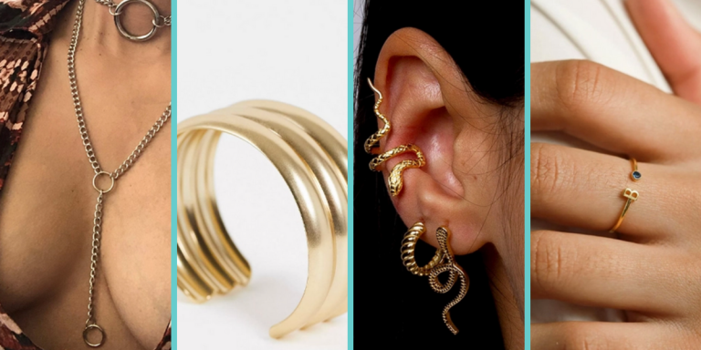 Spring Jewelry Guide. Photo 1: An O-ring collar body chain. Photo 2: A gold bangle. Photo 3: A gold snake ear cuff. Photo 4: A gold ring featuring an initial and a birthstone.