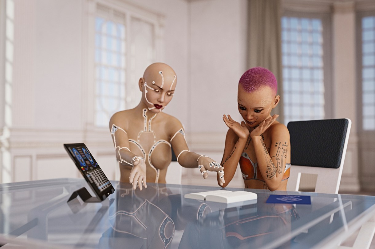 a cyborg sits at a transparent table next to a futuristic-looking girl with pink hair and tattoos that look like circuitry. there is a tablet and a book visible on the table. the entire image is rendered with 3-D illustration
