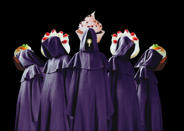 Cloaked figures emerge from a black background, each with a halo of cake behind it, the central figure having a light bulb under its hood.