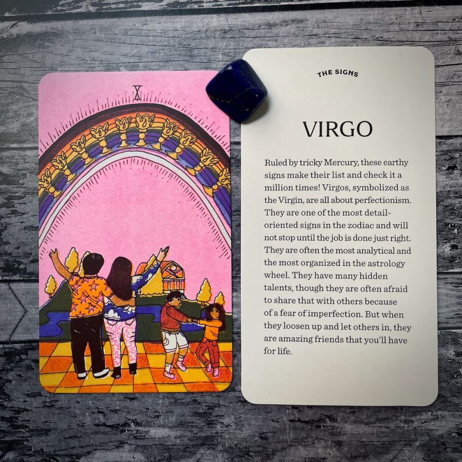 In two tarot cards on a grey background:  Left: At an outdoor party in front of a pink sky with a rainbow full of 10 gold cups, a man and a woman embrace on a disco dance floor in yellow and orange checkers. Two children dance. Right: Virgo