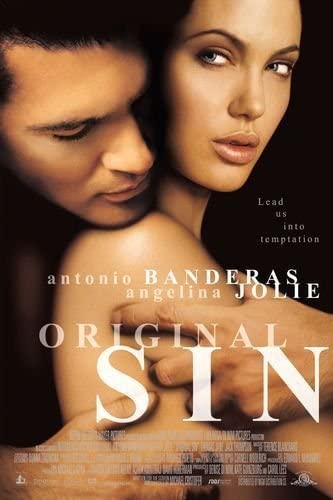 the cover of original sin where a nude angelina jolie is held from behind by antonio banderas
